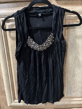 Cable & Gauge Black Sleeveless Tank with Beaded Collar